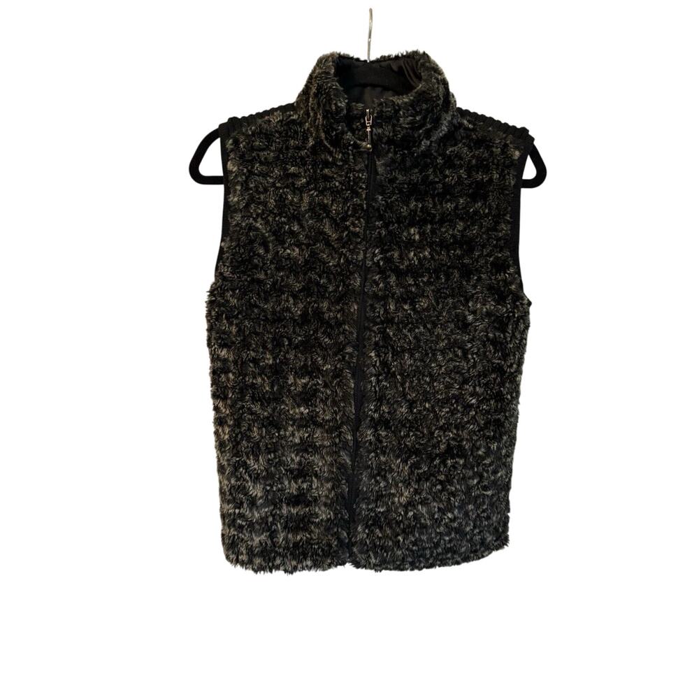 Kikit Faux Fur Front/knit Back Vest Sweater Medium Full Zip Black Gray